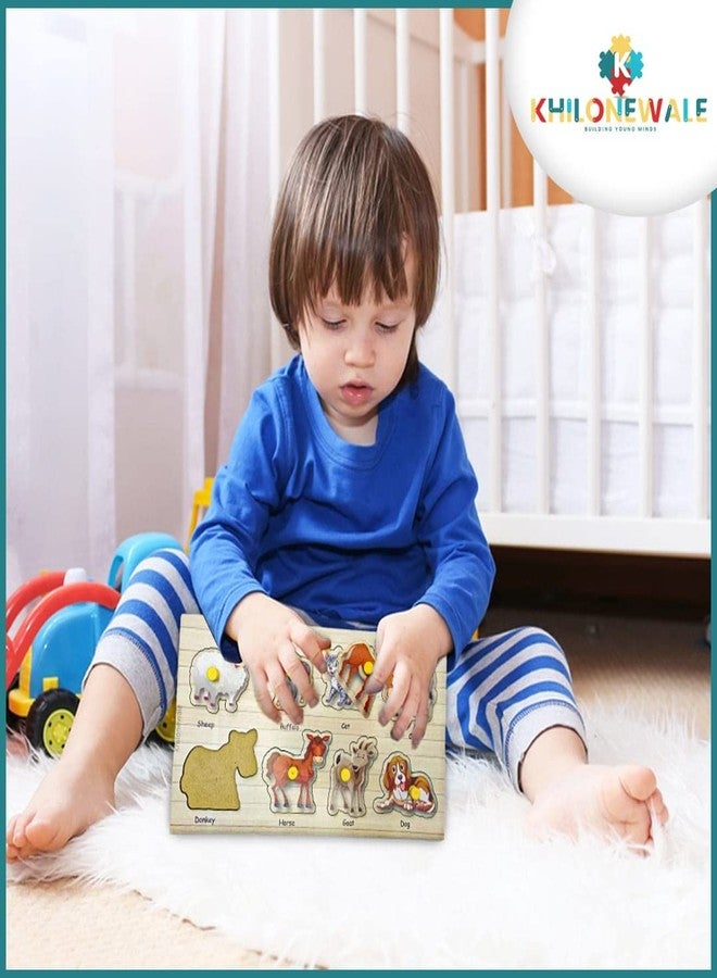 Khilonewale Kid's Wooden Puzzles Set for Toddlers 2 3 4 Years Old, Educational Puzzle Tray with knobs,Learning Aid for Boys and Girls, Kids, Students,Size 27 * 14 cm (Domestic Animal) - Image 2